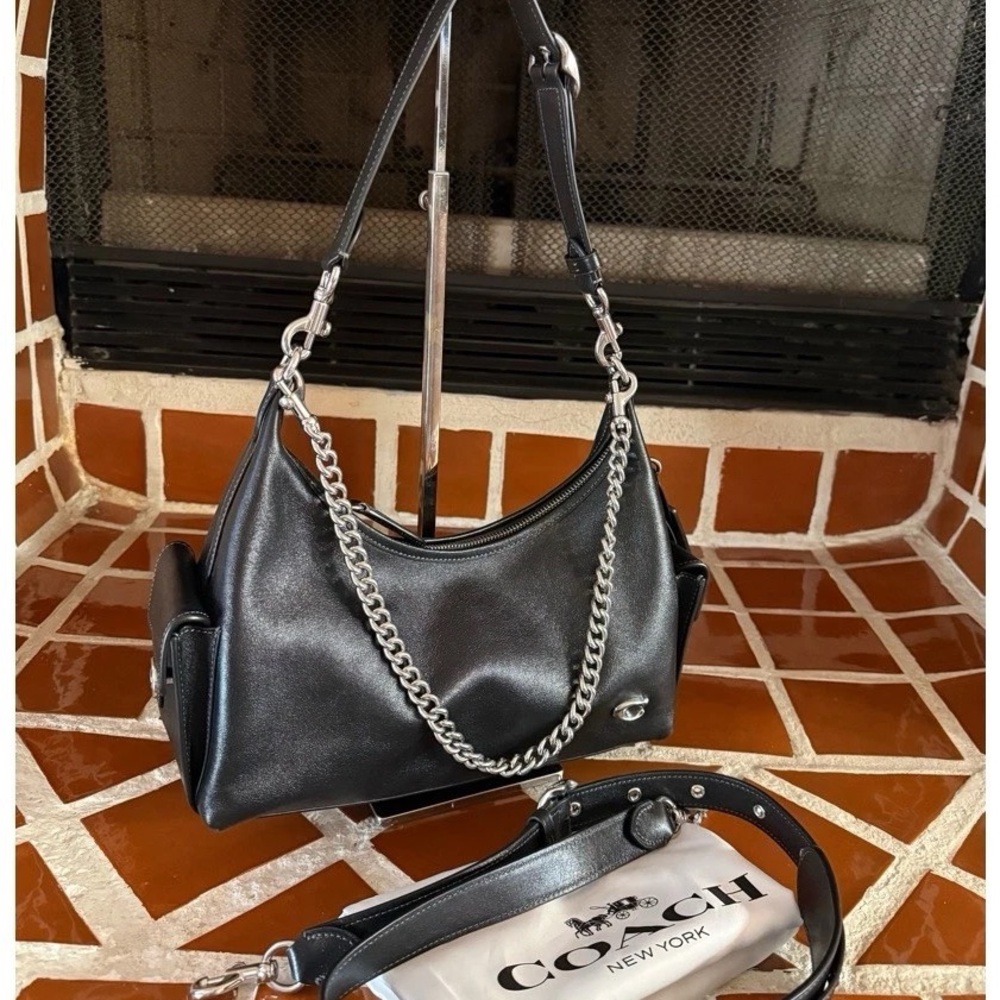 Coach Black Leather Shoulder Bag with Silver Chain Strap